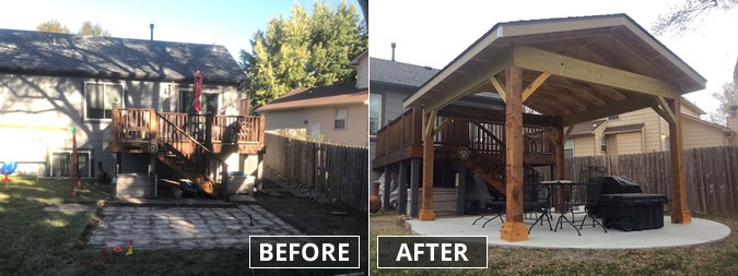 Before & After: Organic Shaped Patio with 12' x12' Pavilion 